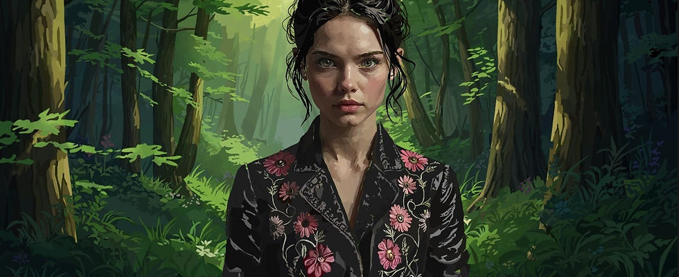 Illustration of a young woman with dark hair in a floral-embroidered jacket standing in a sunlit forest surrounded by trees